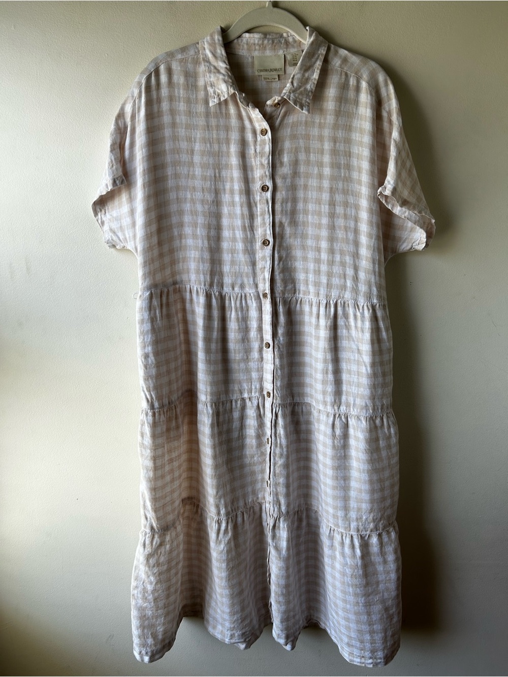 Cottagecore Peasant Boho Cynthia Rowley Linen Midi Tiered Gingham Shirtdress M